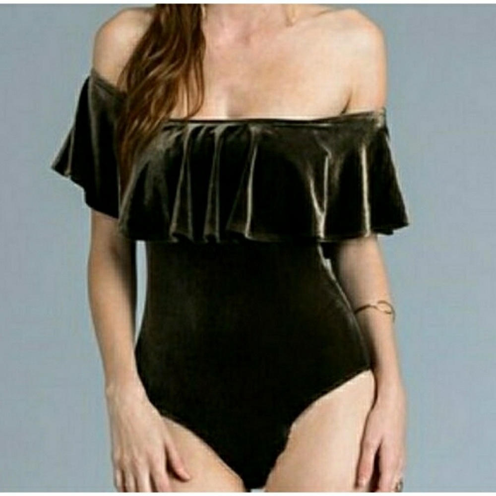 Ruffle Off Shoulder Velvet Bodysuit
